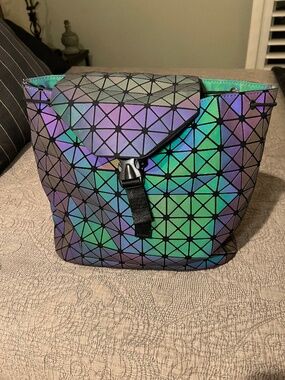 Bao Bao Issey Miyake Green Purple Backpack Flap Drawstring Holographic Design